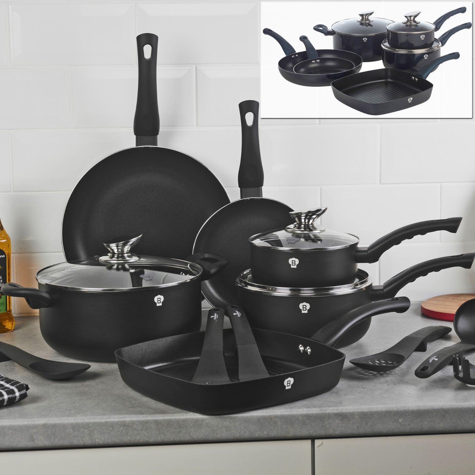15 Pc Blaumann Cookware Frying Grill Pots Saucepan Soft Touch Handle & Tools Set