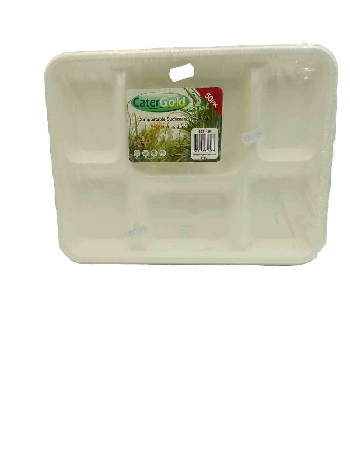 Cater Gold 50pk Compostable Sugarcane Tray 6 Pc For Hot And Cold Food Ues.