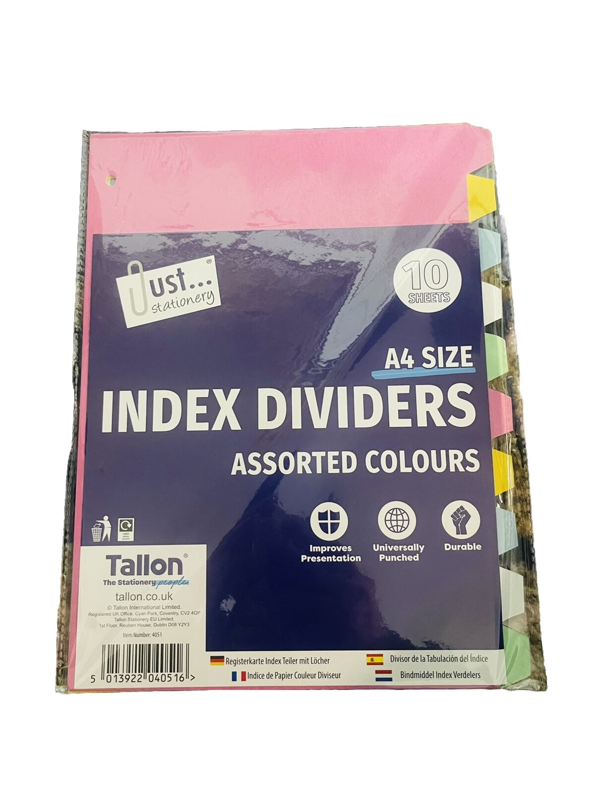 Index Dividers Assorted Colours A4 Size, 2 Ring Binder A4