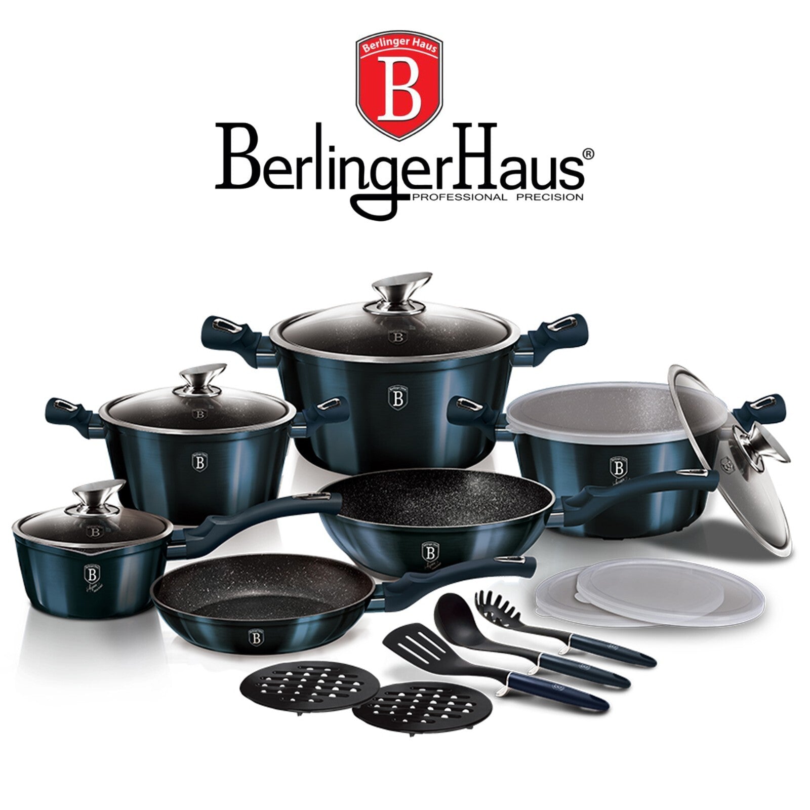18 Pc Cookware Frying Pan Set Casserole Bakelite Mats W/ Smart Lids & Utensils