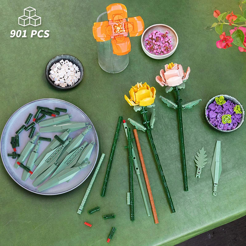 Romantic Bouquet Building Block Diy Artificial Flower Building Bricks Toy Bouquet Decoration Girls Adults Kids Anniversary Gifts
