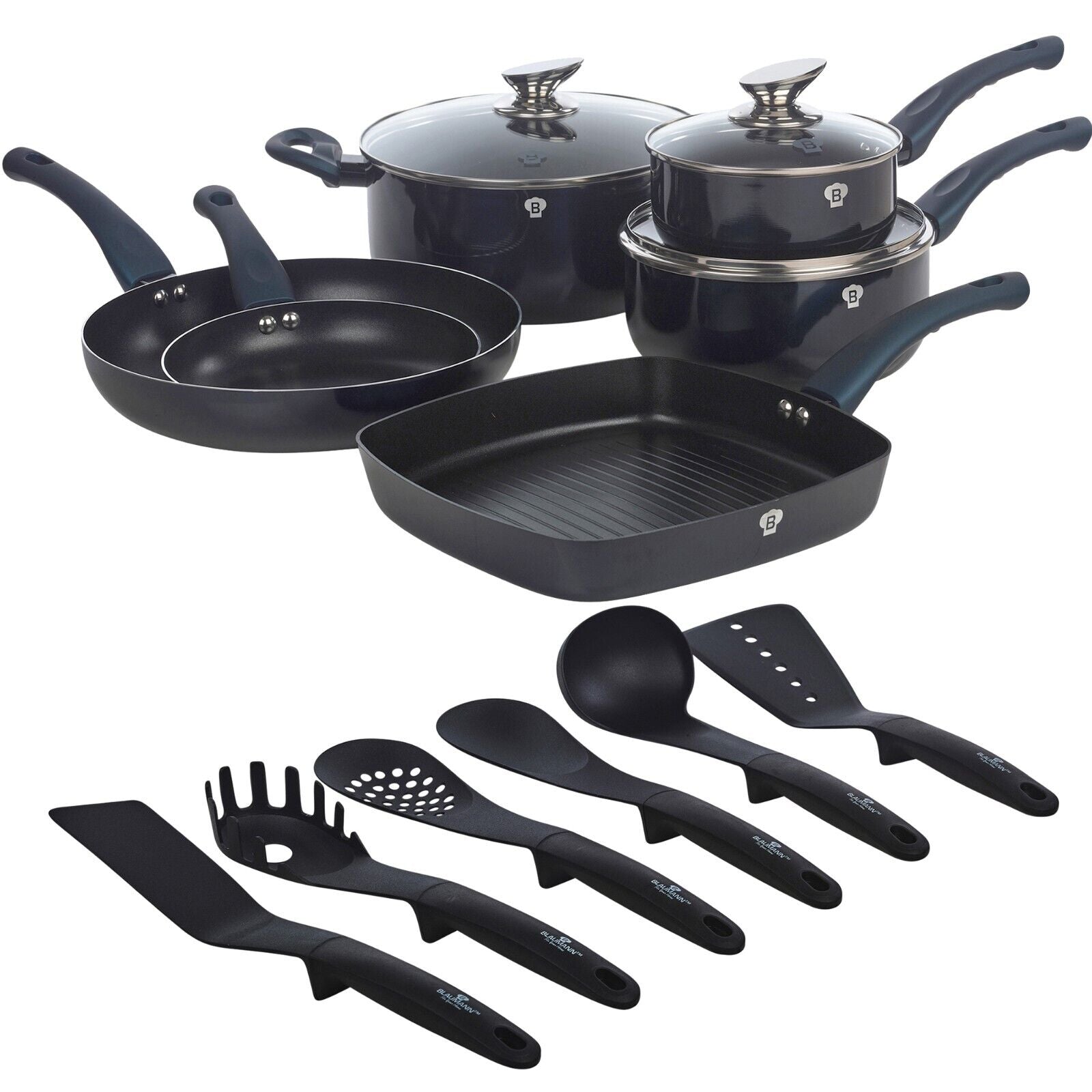 15 Pc Blaumann Cookware Frying Grill Pots Saucepan Soft Touch Handle & Tools Set